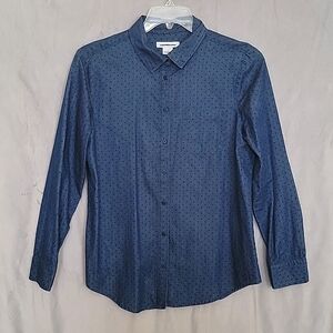 Cotton Polka Dot Button Down Women's Shirt with a pocket, Size Large, Color Blue